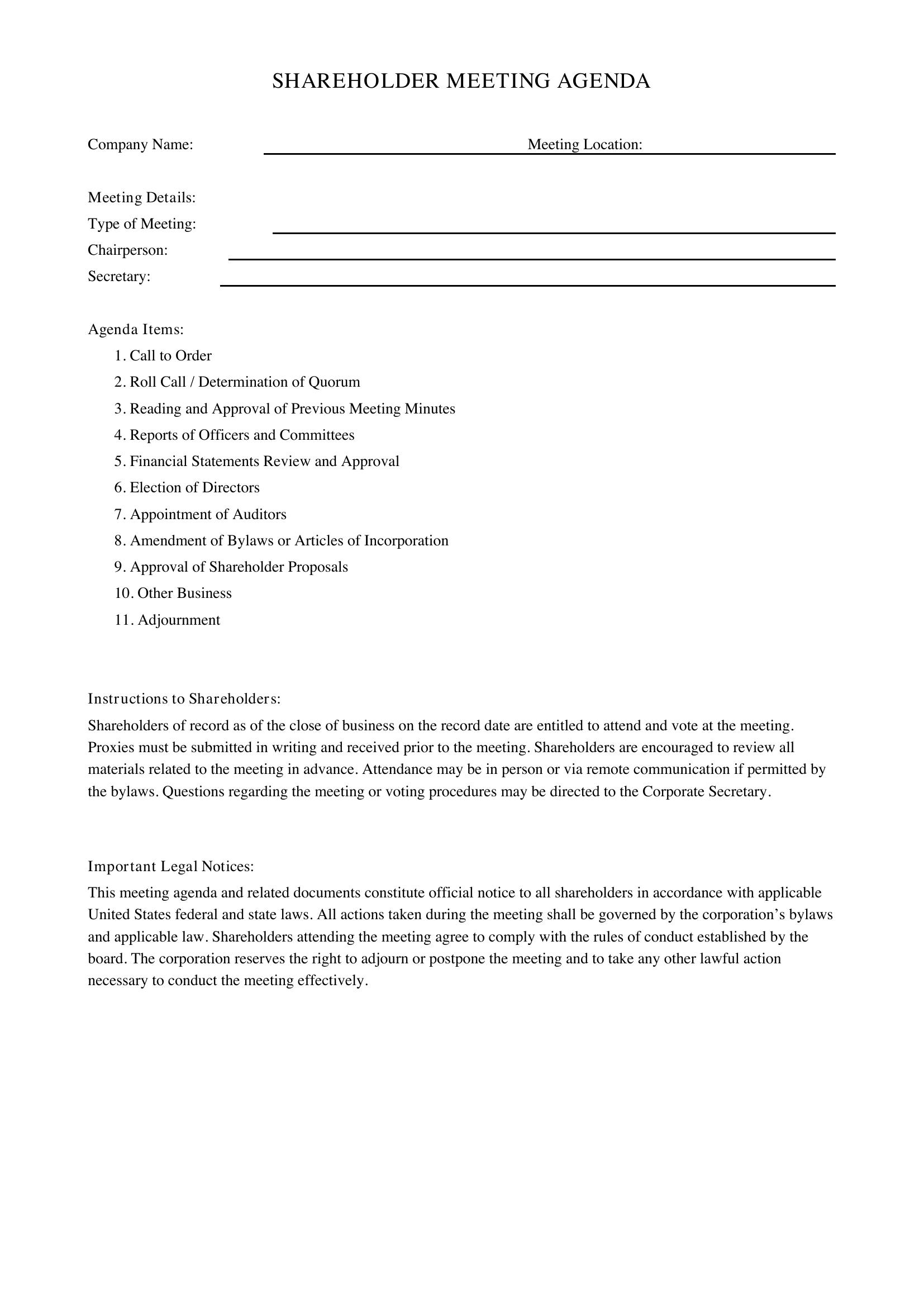 Shareholder Meeting Agenda Template