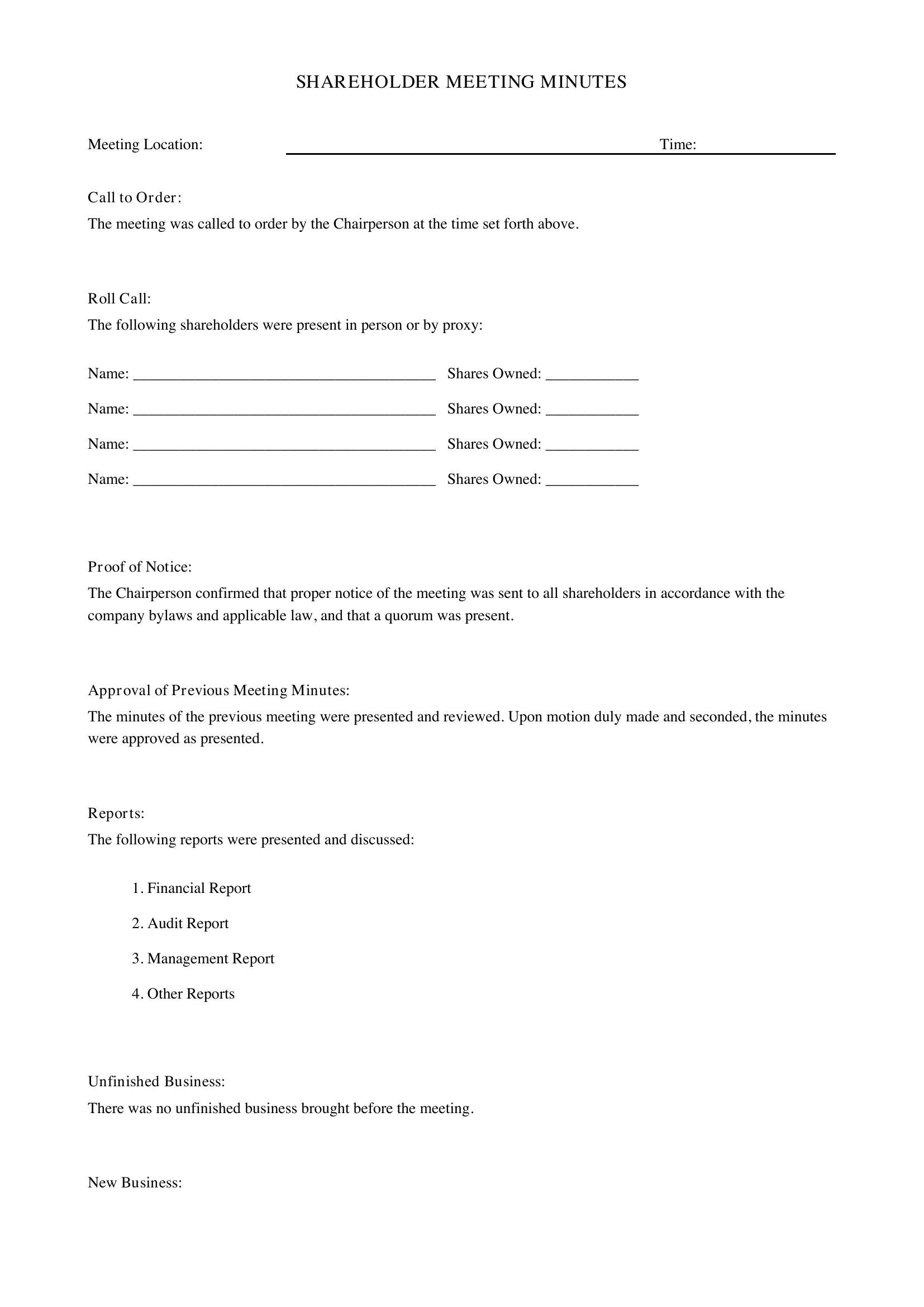 Shareholder Meeting Minutes Template