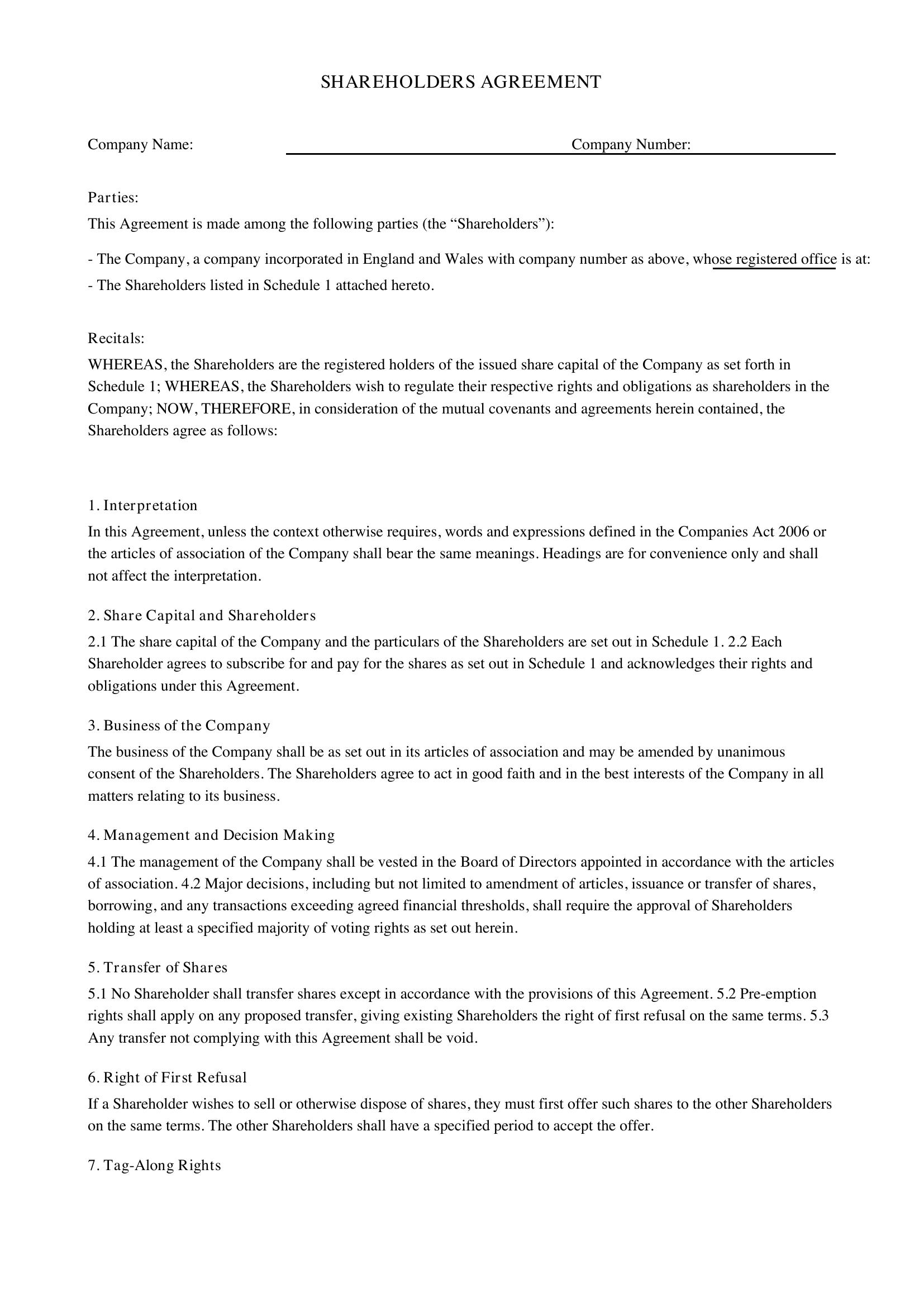 Shareholders Agreement Template Uk