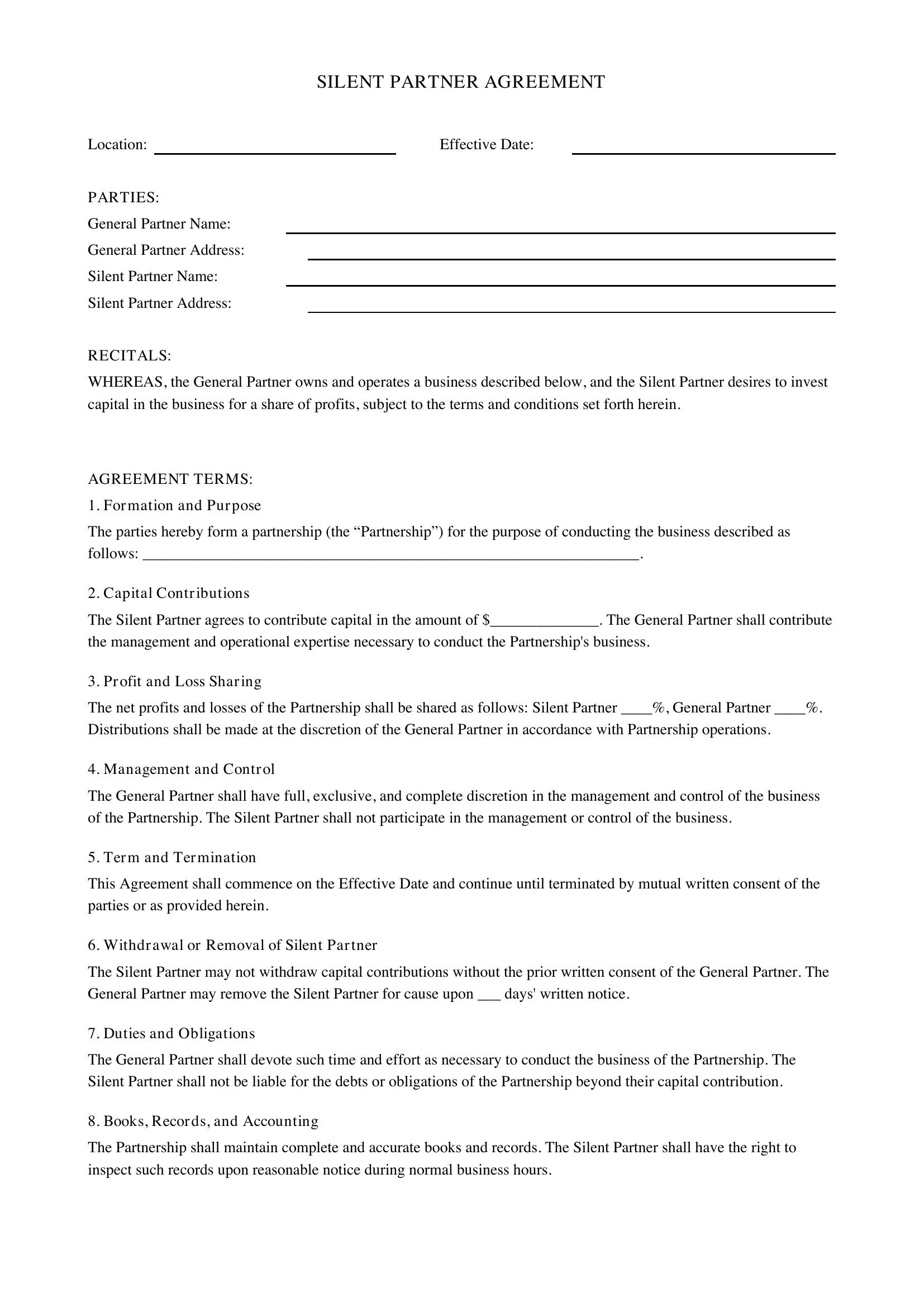 Silent Partner Agreement Template