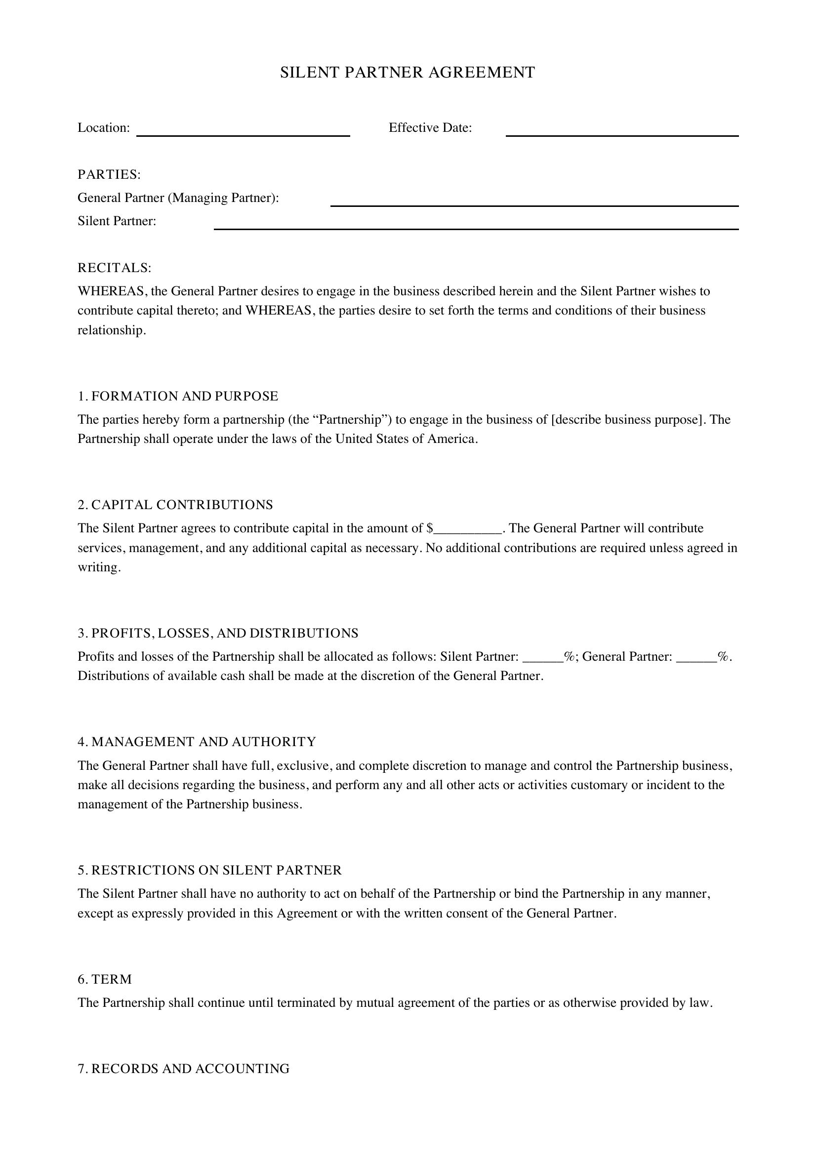 Silent Partner Contract Template