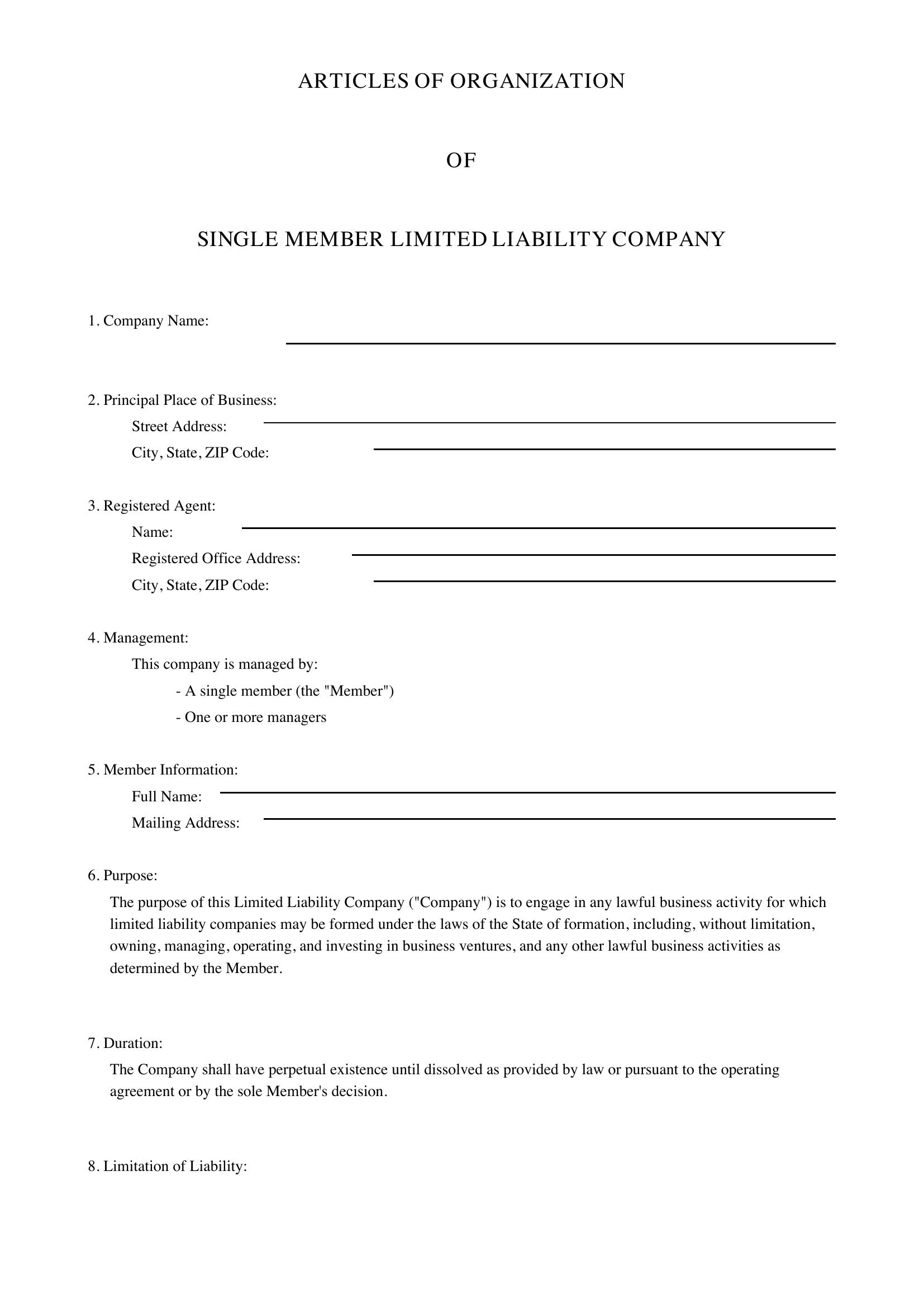 Single Member Llc Articles Of Organization Template