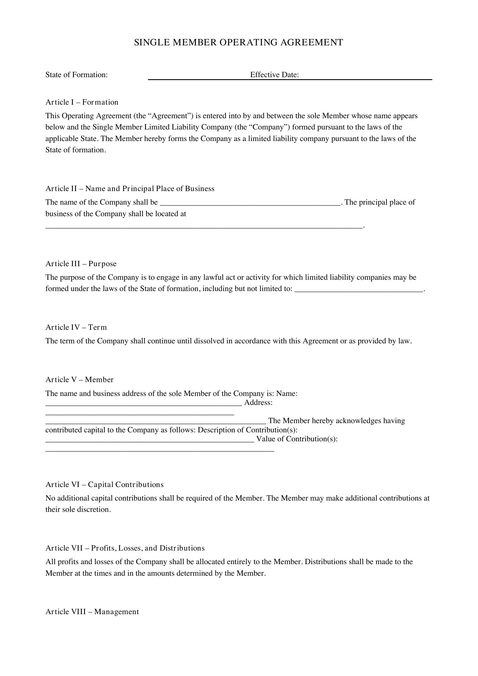 Single Member Operating Agreement Template