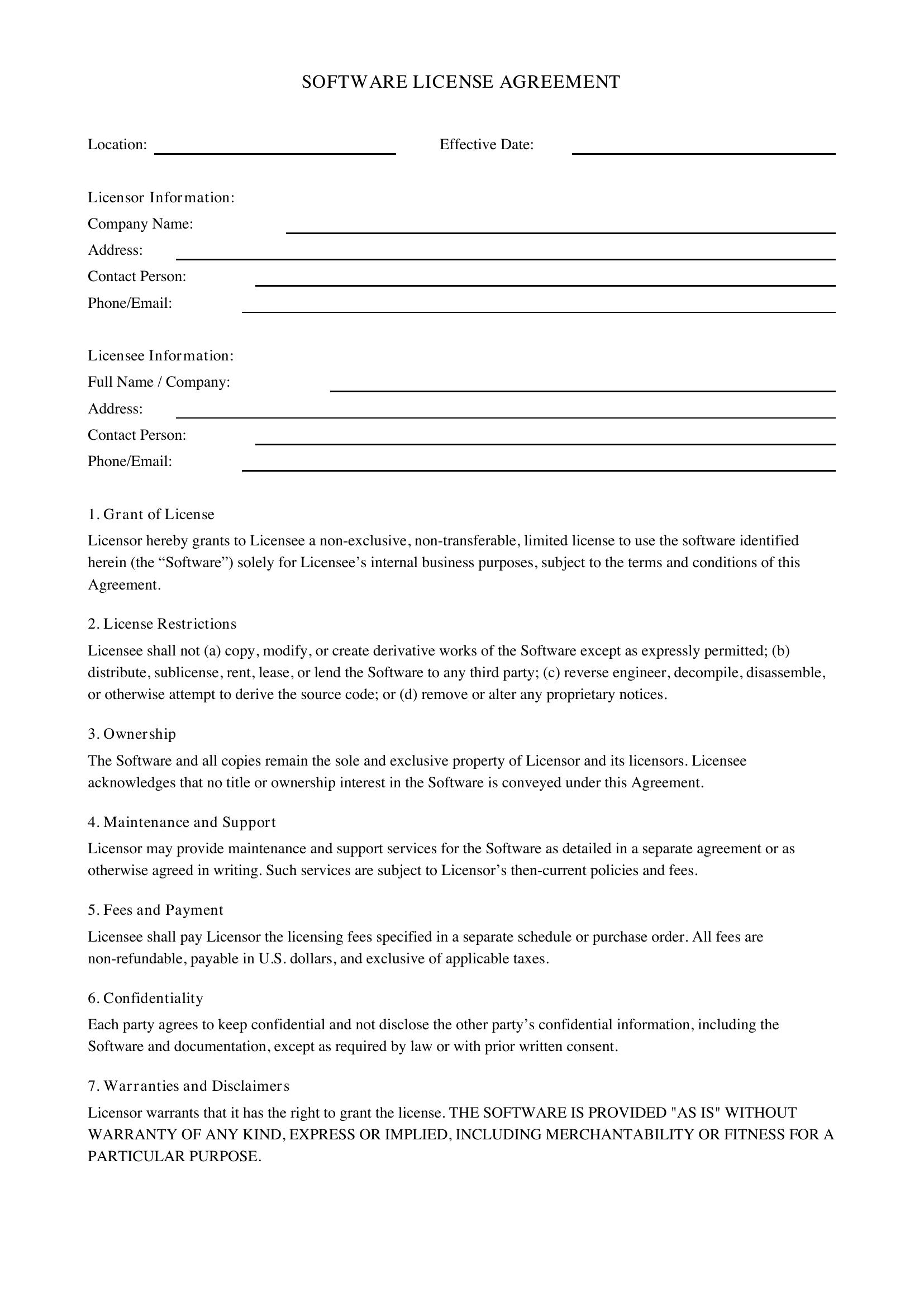 Software License Agreement Template