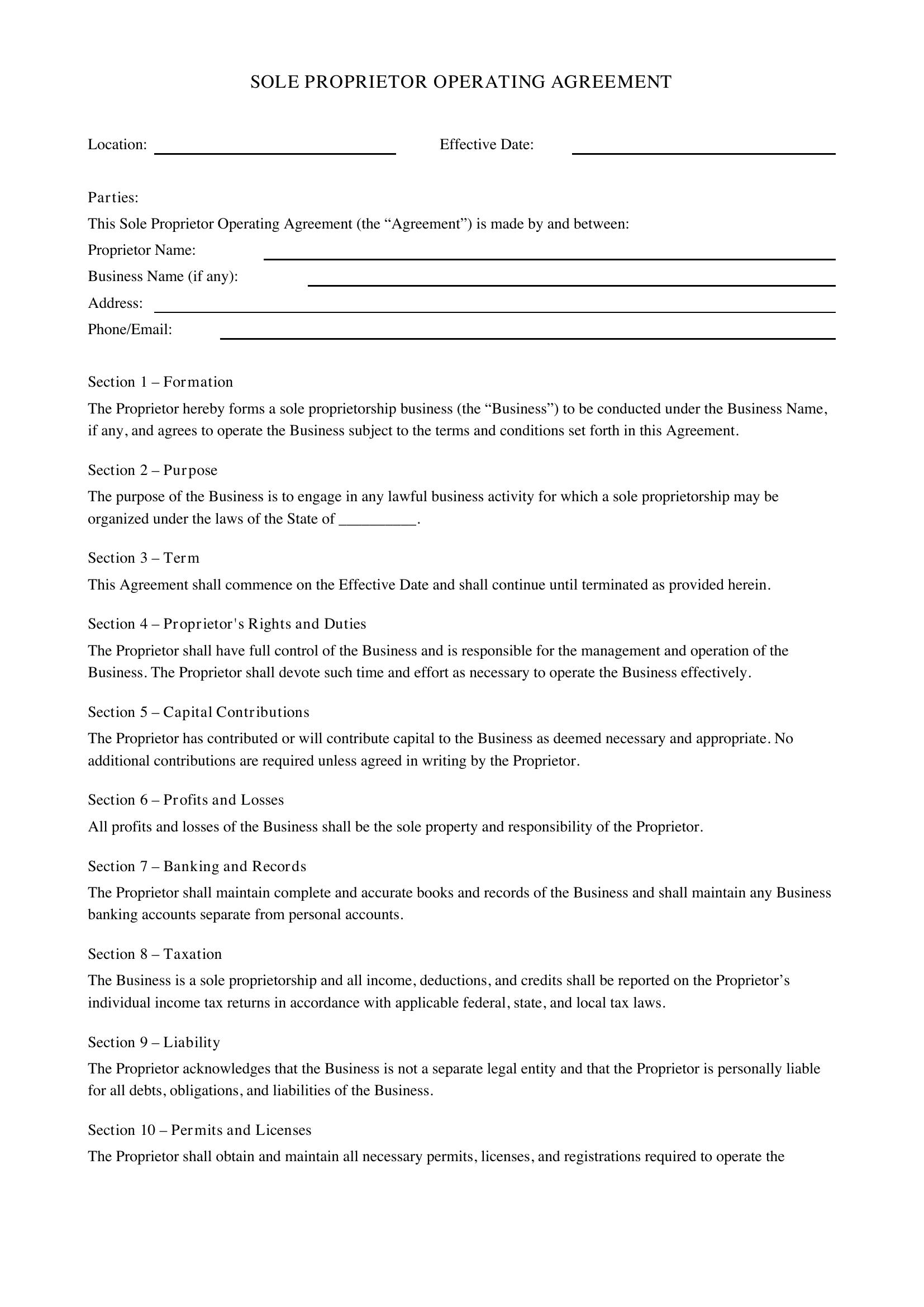 Sole Proprietor Operating Agreement Template