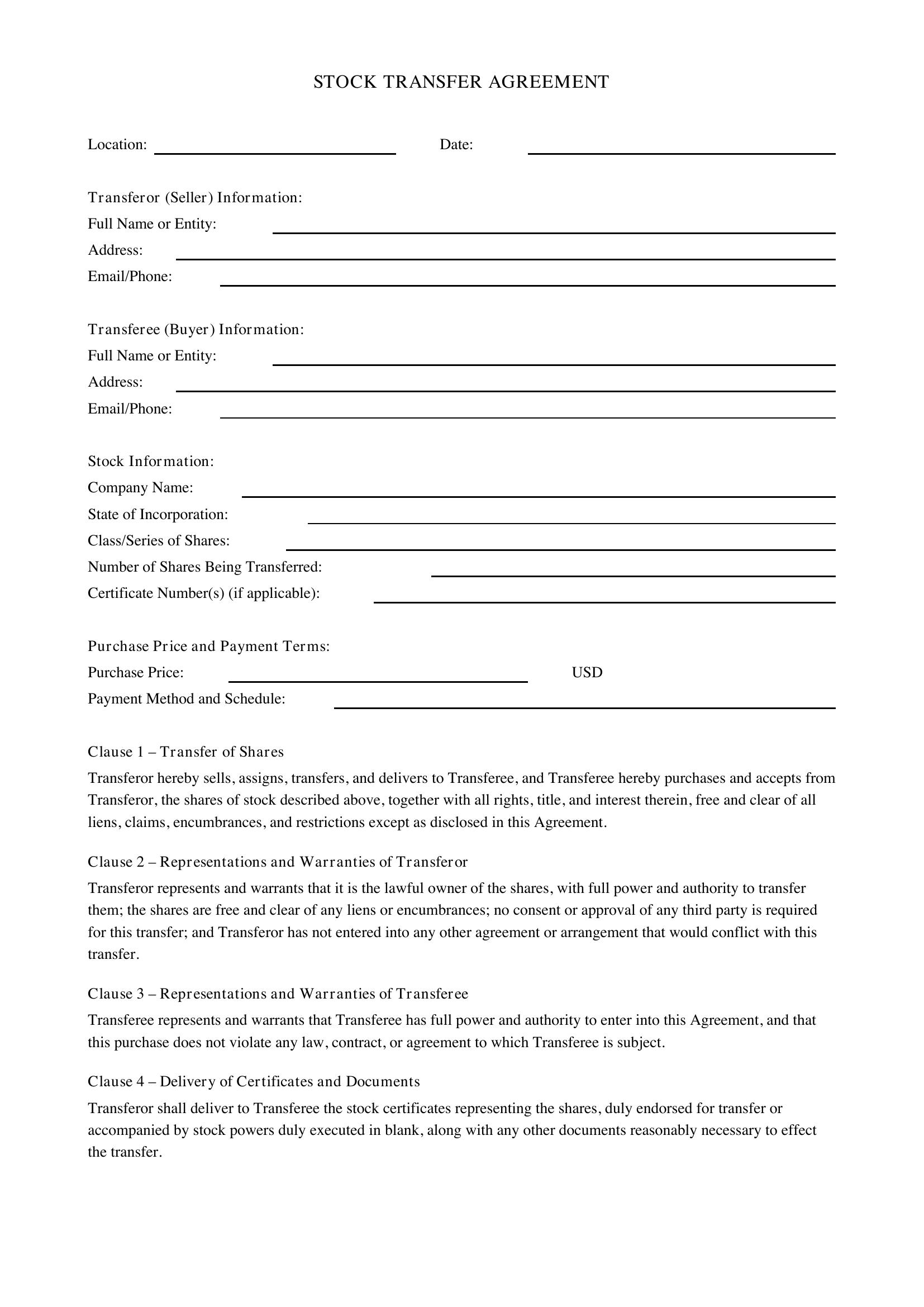 Stock Transfer Agreement Template