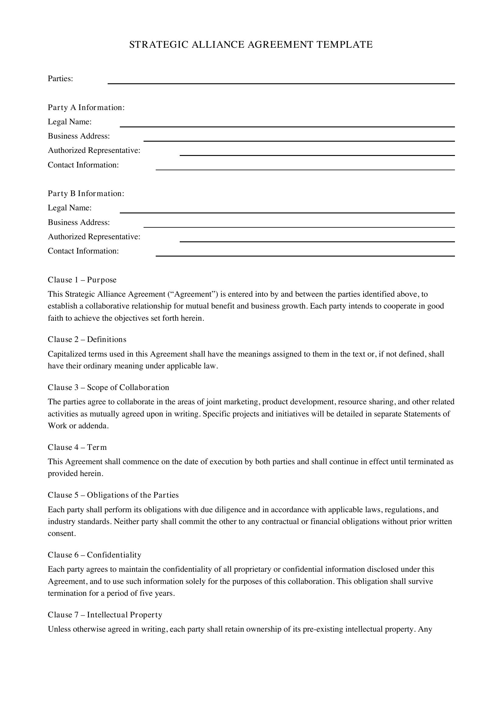 Strategic Alliance Agreement Template