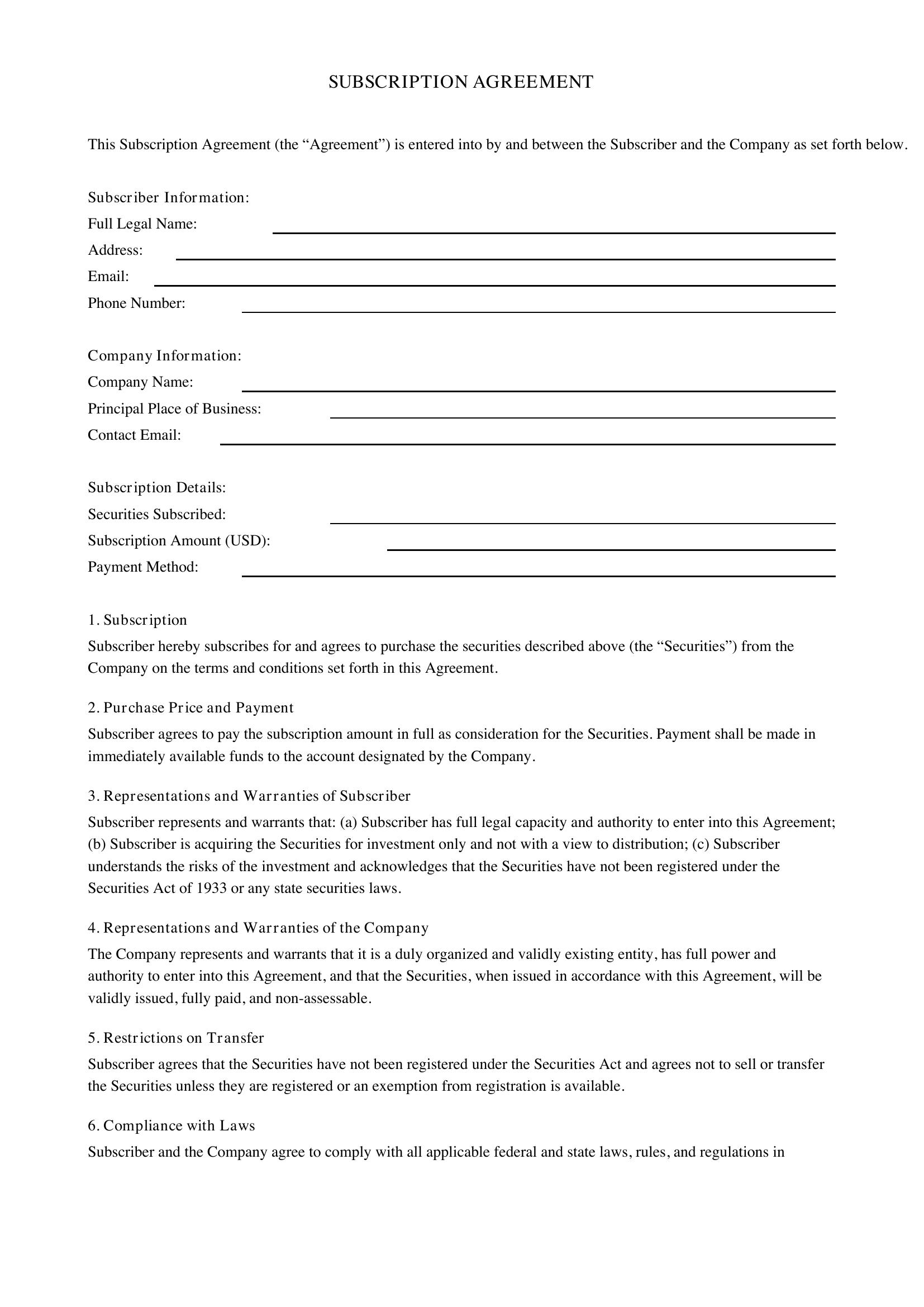Subscription Agreement Template