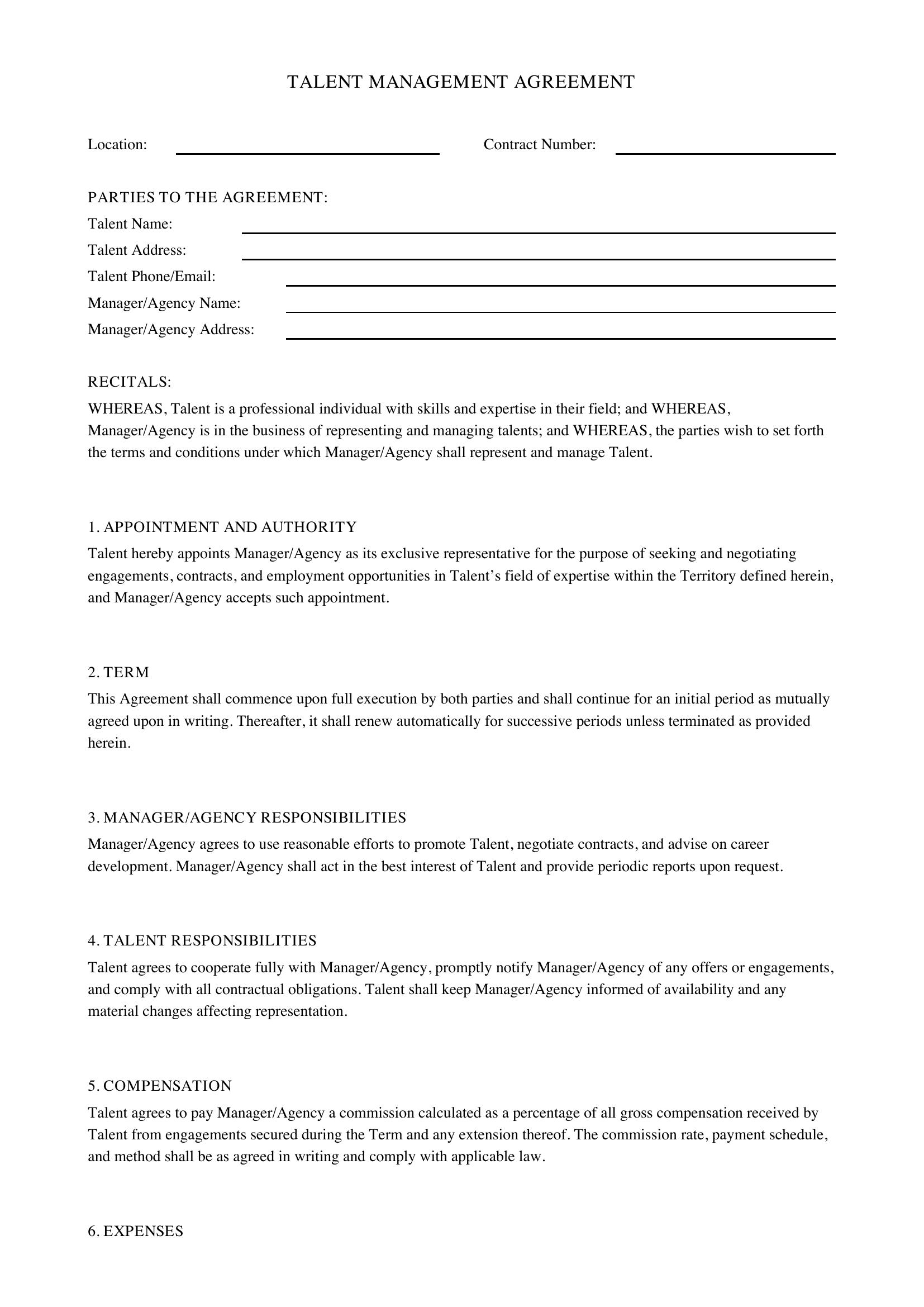 Talent Management Contract Template