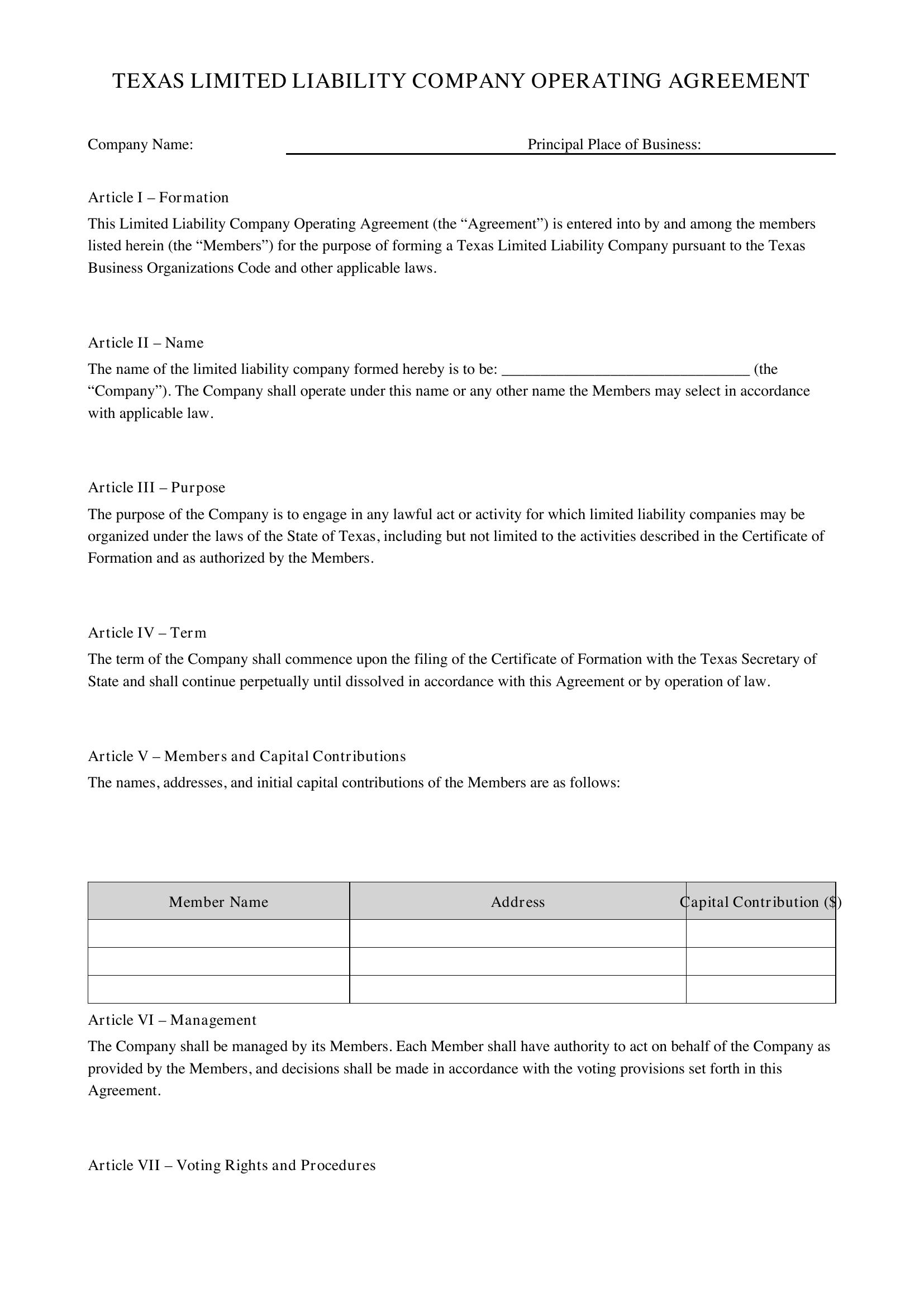 Texas Llc Operating Agreement Template
