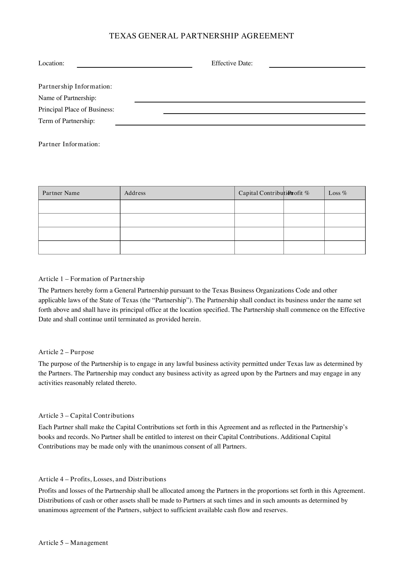 Texas Partnership Agreement Template