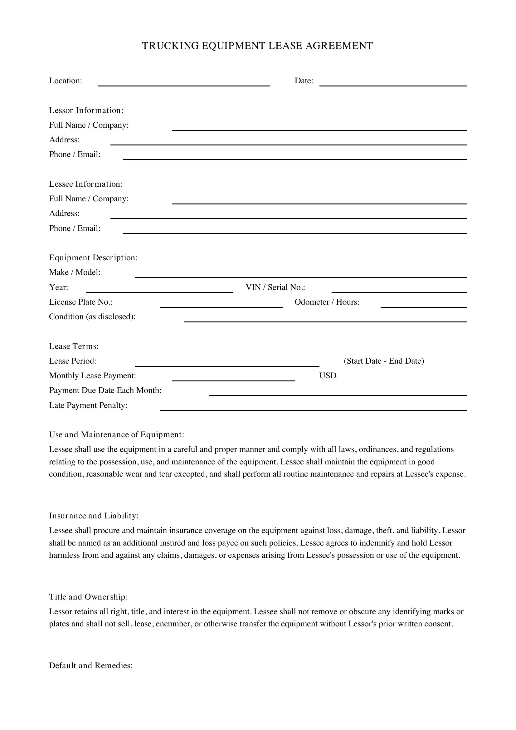 Trucking Lease Agreement Template