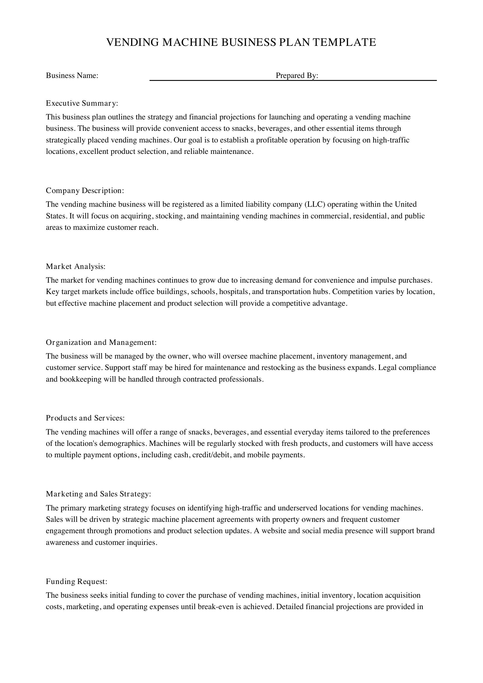 Vending Machine Business Plan Template