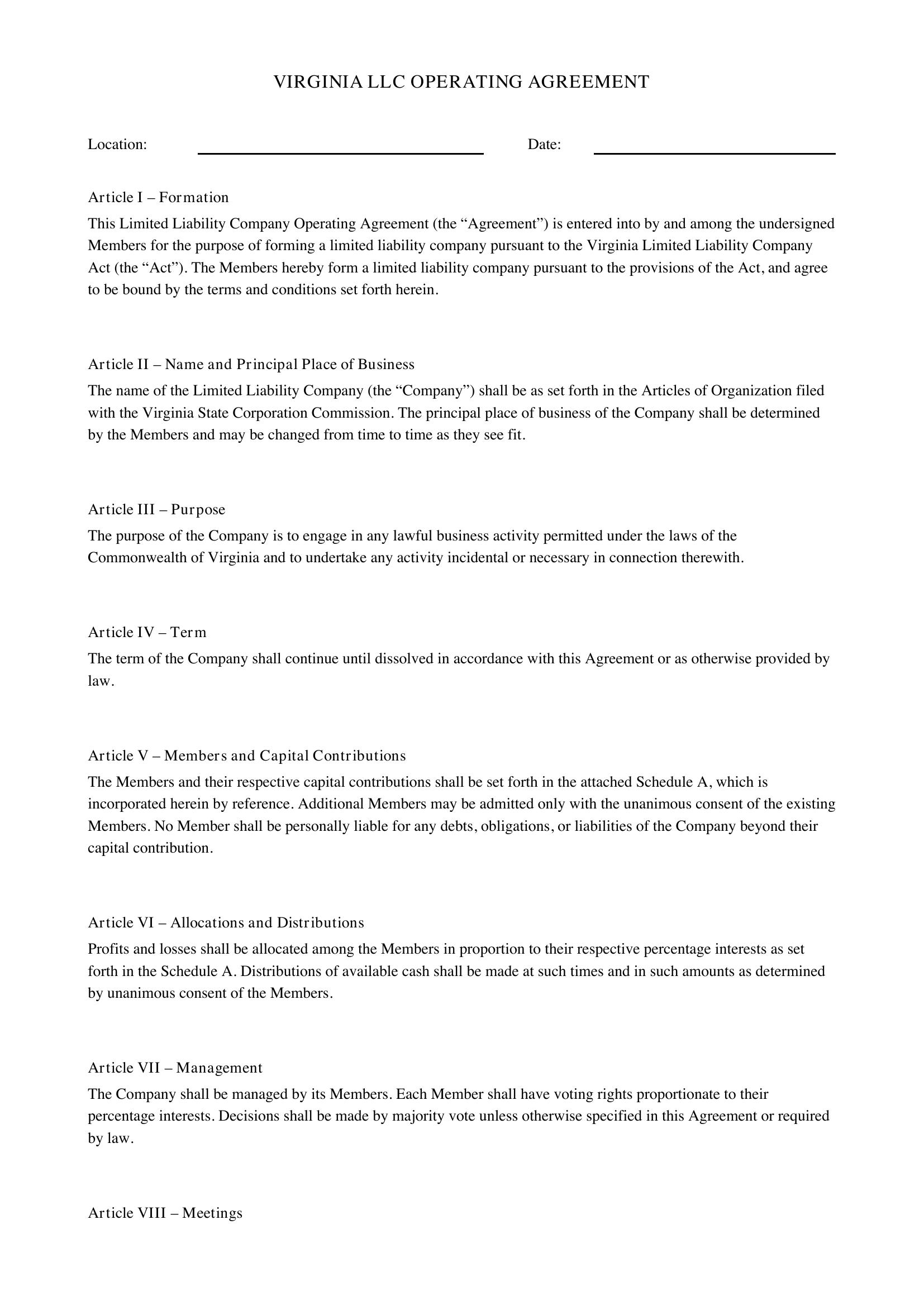 Virginia Llc Operating Agreement Template