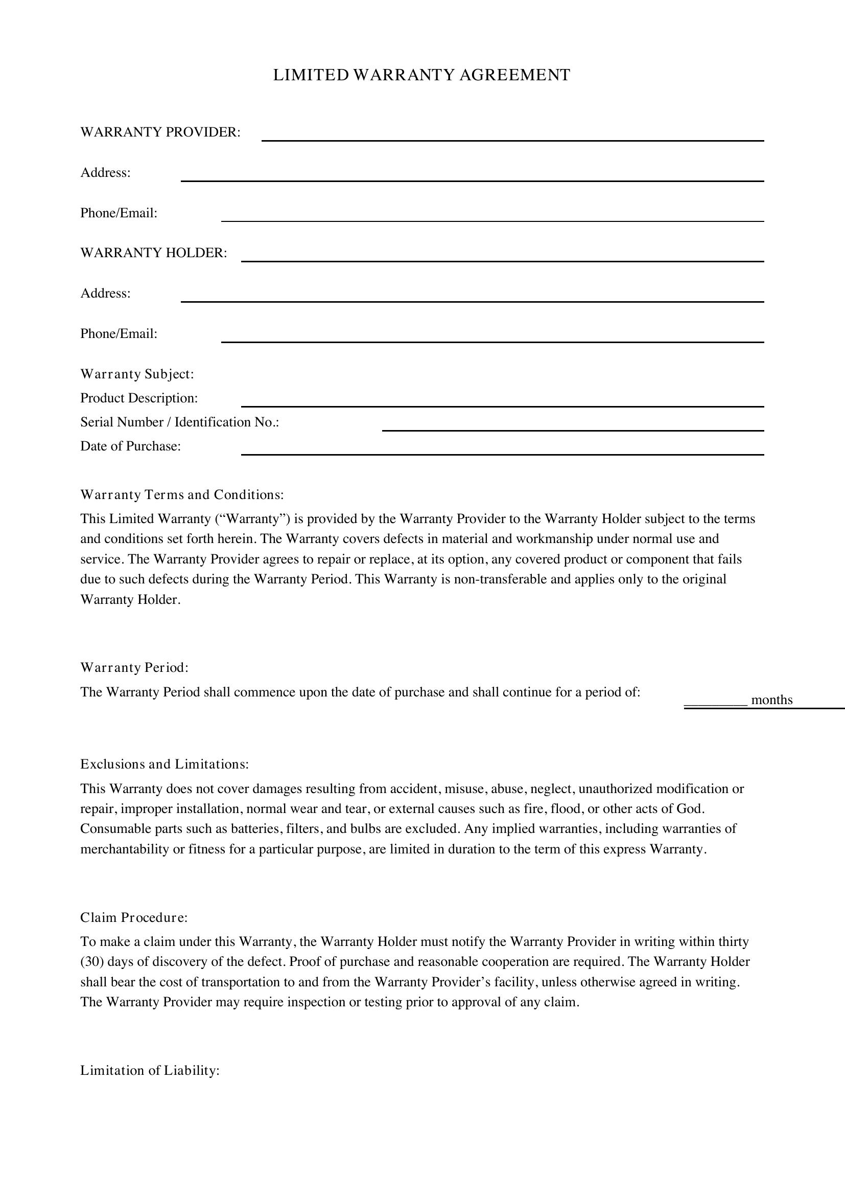 Warranty Contract Template