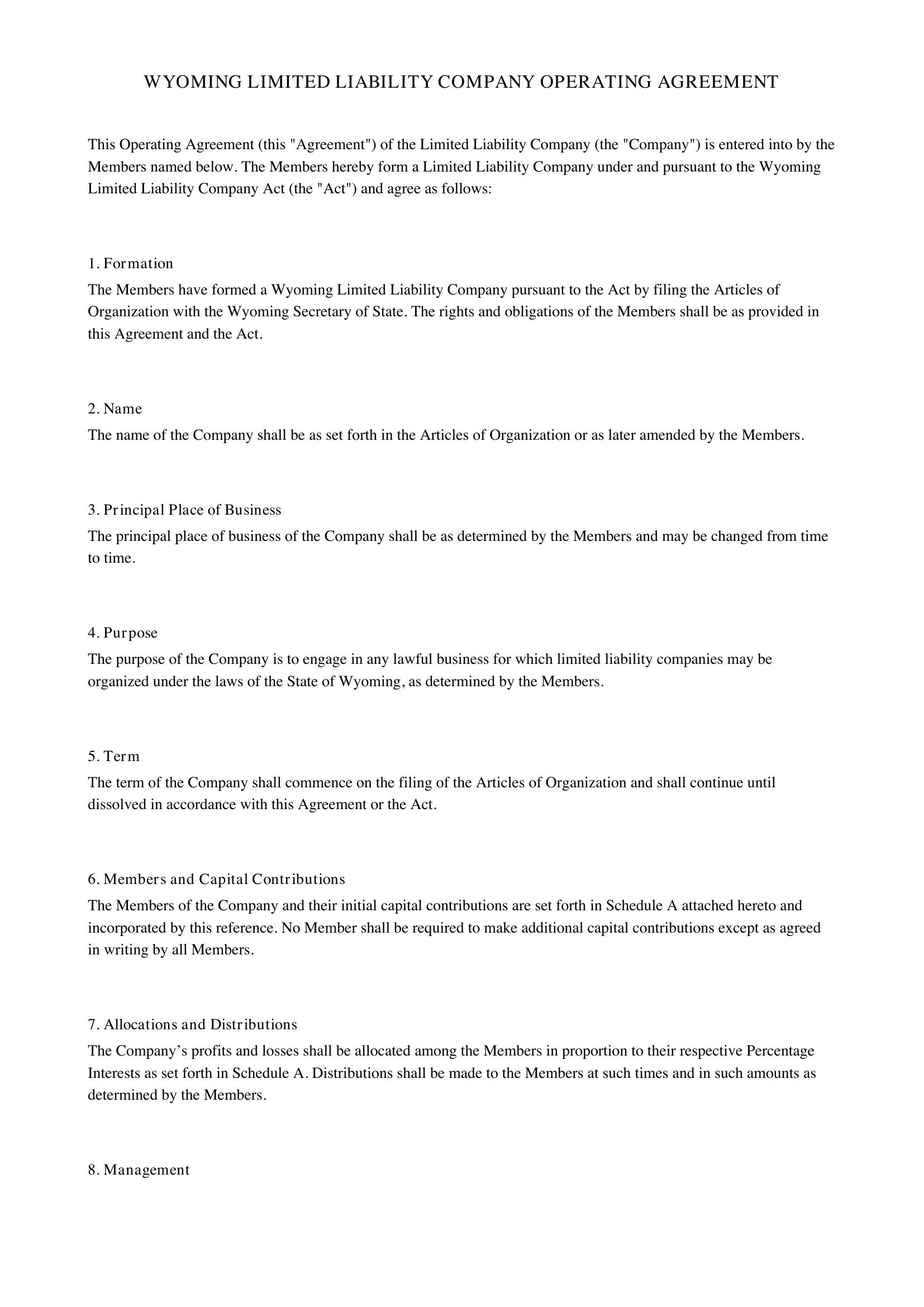 Wyoming Llc Operating Agreement Template
